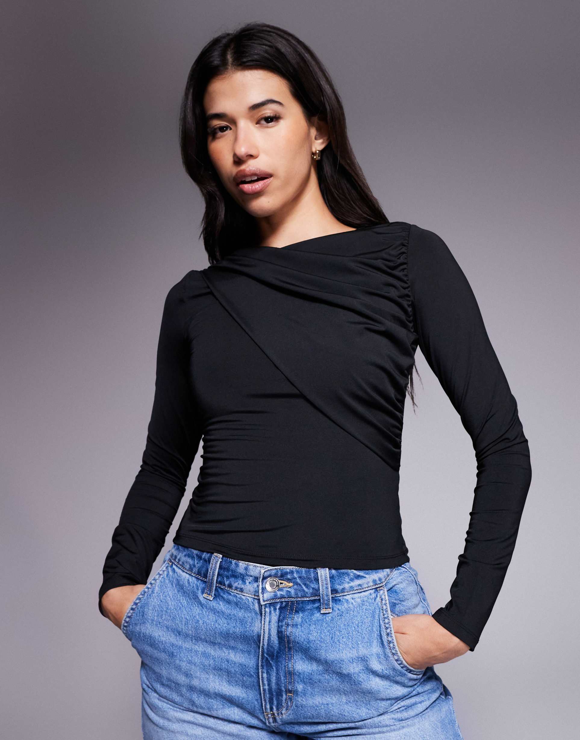 asos design slinky drape detail long sleeve top in black