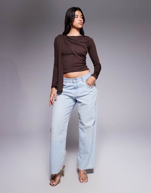 ASOS DESIGN slinky drape detail long sleeve top in chocolate, 4 of 4