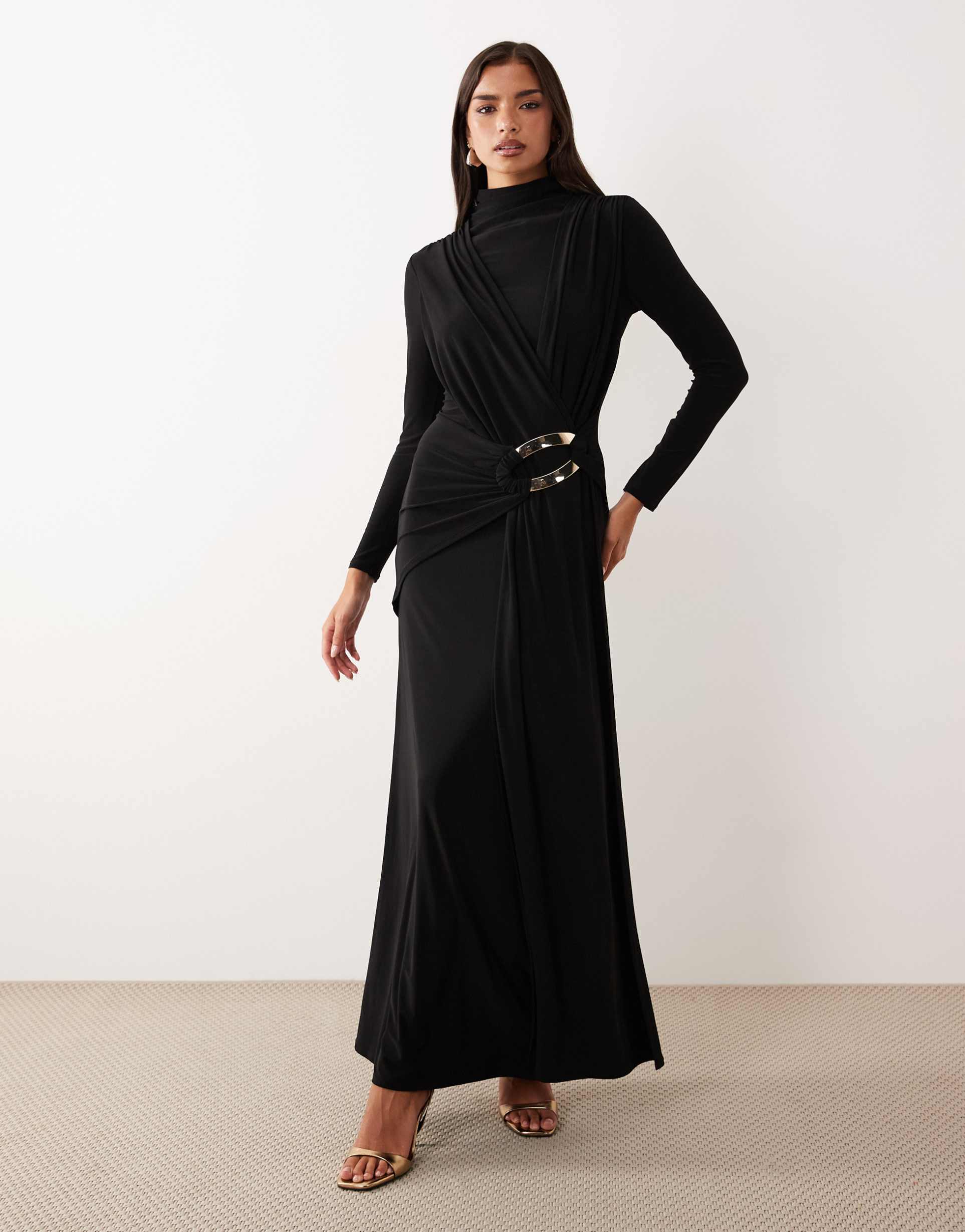asos design slinky drape maxi dress with trim detail in black