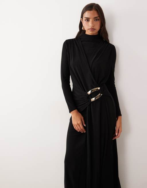 ASOS DESIGN slinky drape maxi dress with trim detail in black, 3 of 4