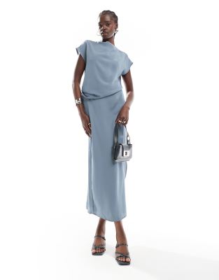 Asos Design Slinky Drape Midi Dress In Blue Gray