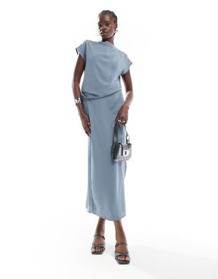 slinky drape midi dress in blue gray