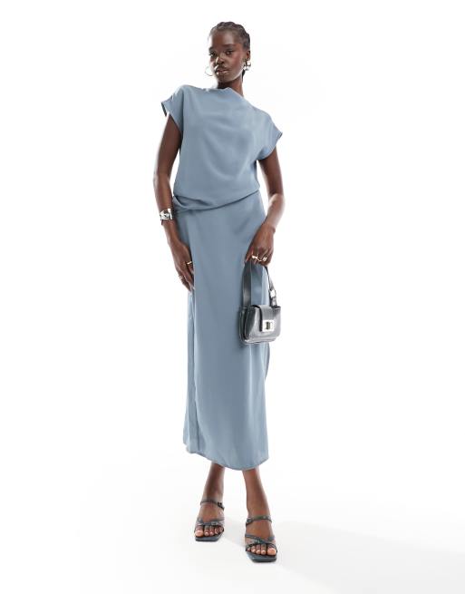 ASOS DESIGN slinky drape midi dress in blue gray