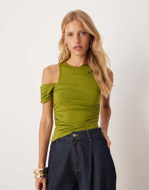 ASOS DESIGN slinky drape one shoulder top in olive green - view 1