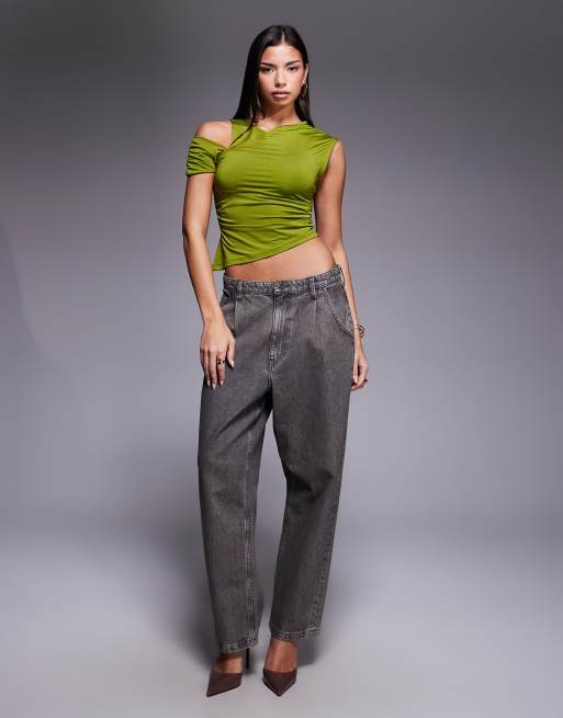 ASOS DESIGN slinky drape one shoulder top in olive green, 2 of 4