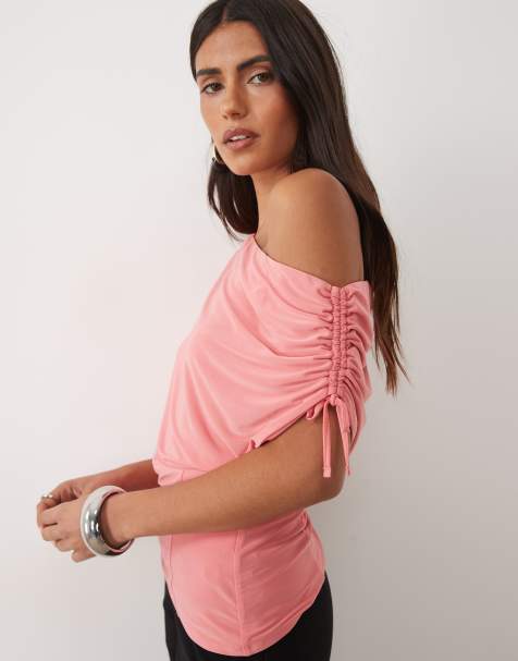 ASOS DESIGN slinky drape one shoulder top in strawberry - view 1