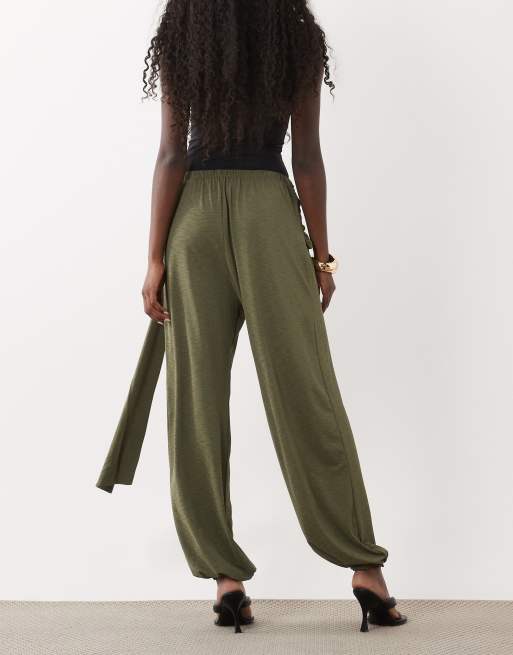 ASOS DESIGN slinky drape wrap detail balloon pants in khaki, 5 of 5