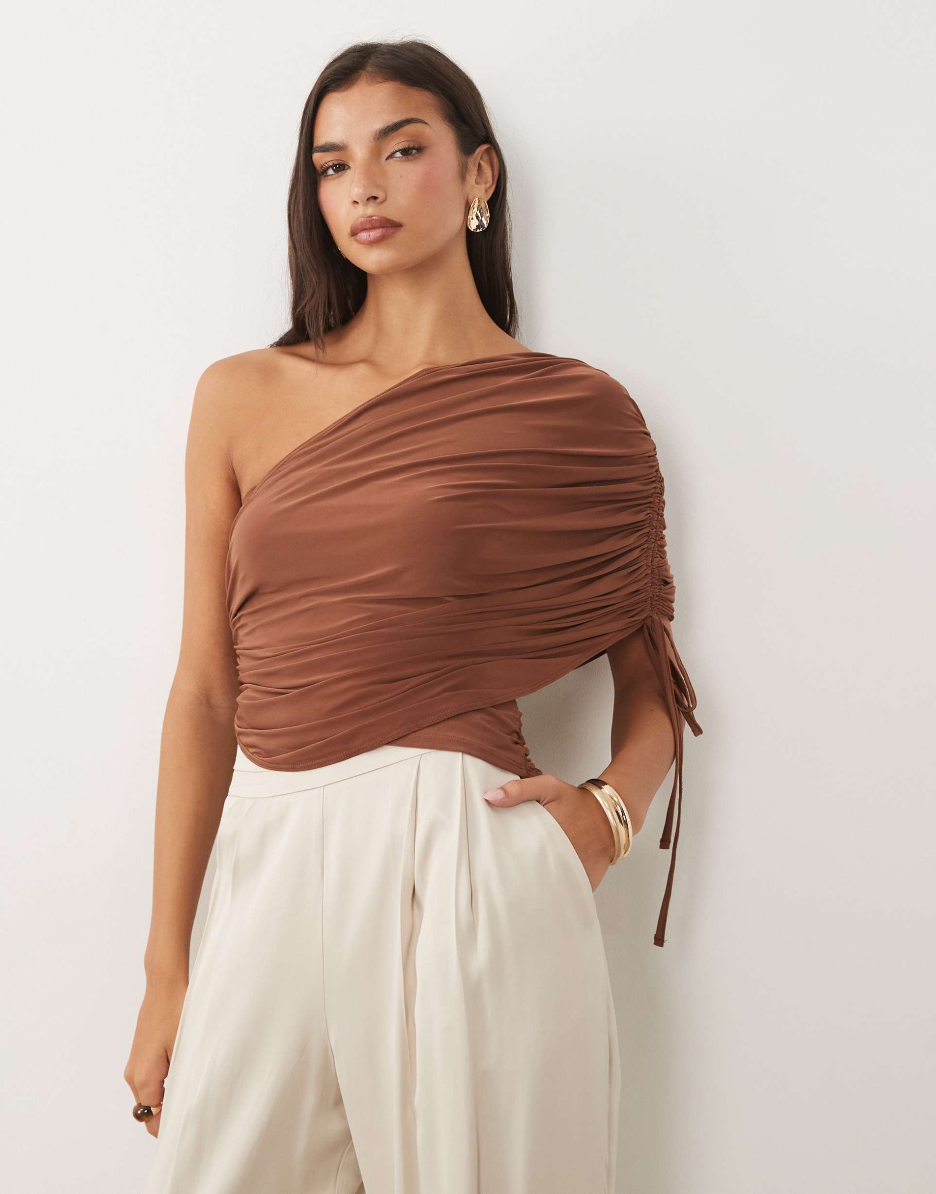 asos design slinky draped asymmetric top with ruching details in brown