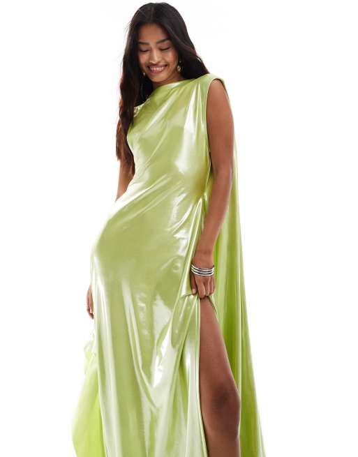 ASOS DESIGN slinky draped evening dress with low back in foiled green, 4 of 4