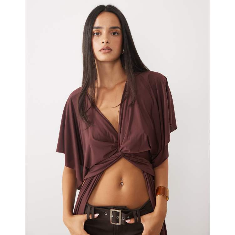 ASOS DESIGN slinky draped sleeve long twist top in chocolate | ASOS