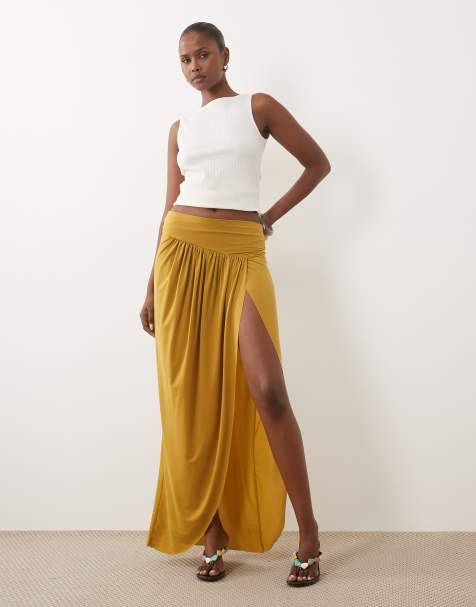 ASOS DESIGN slinky draperad maxikjol med slits i olivgrönt - view 1