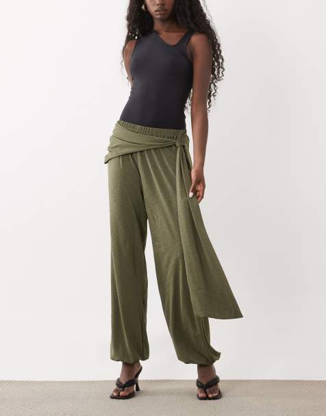 ASOS DESIGN slinky draperade byxor med omlottdetalj och ballongben i khaki - view 1