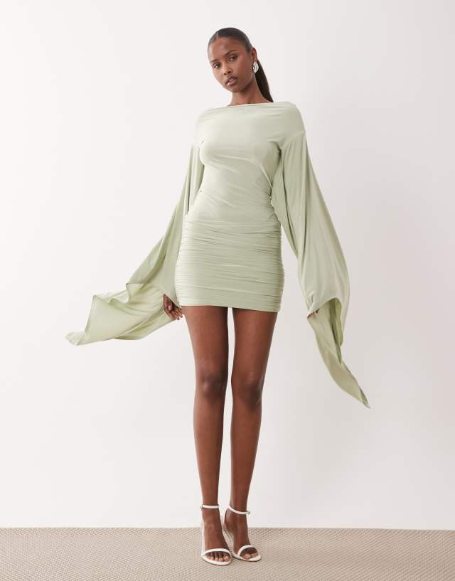 sage green mini dress with sleeves ASOS Design slinky extreme batwing in fesize 2T
