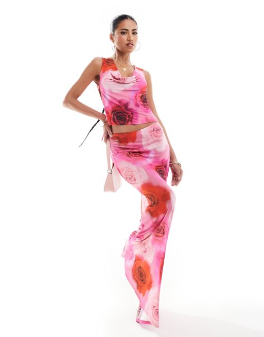 ASOS DESIGN slinky fishtail maxi skirt in large rose print (part of a set)