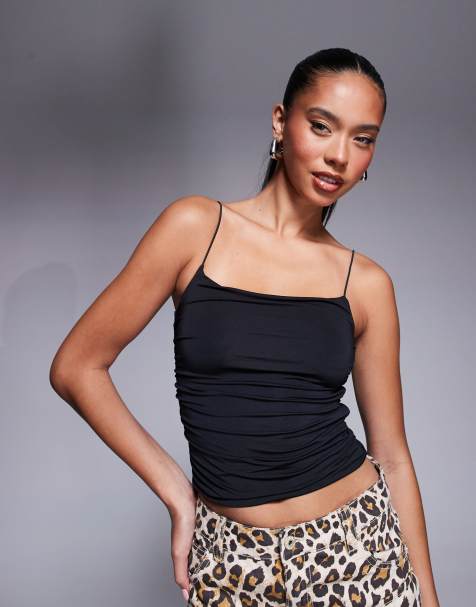 ASOS DESIGN slinky fitted ruched side cami top with spaghetti straps in black - view 1