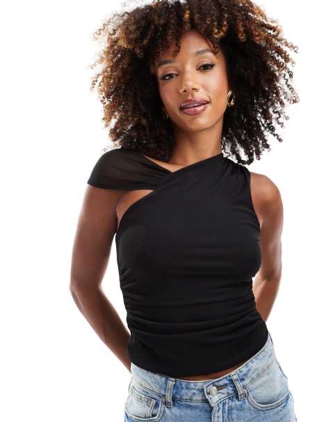 ASOS DESIGN slinky fitted top with mesh shoulder detail in black - view 1