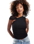 [ASOS DESIGN] ASOS DESIGN slinky fitted top with mesh shoulder detail in black S Black