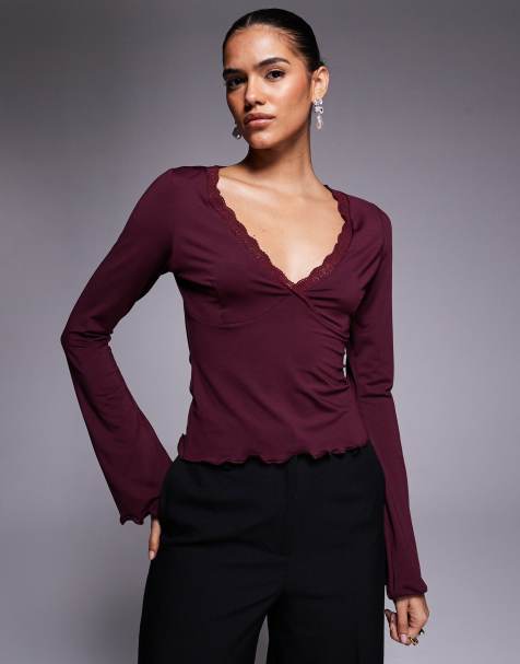 ASOS DESIGN slinky flared long sleeve lace trim v-neck top in berry - view 1