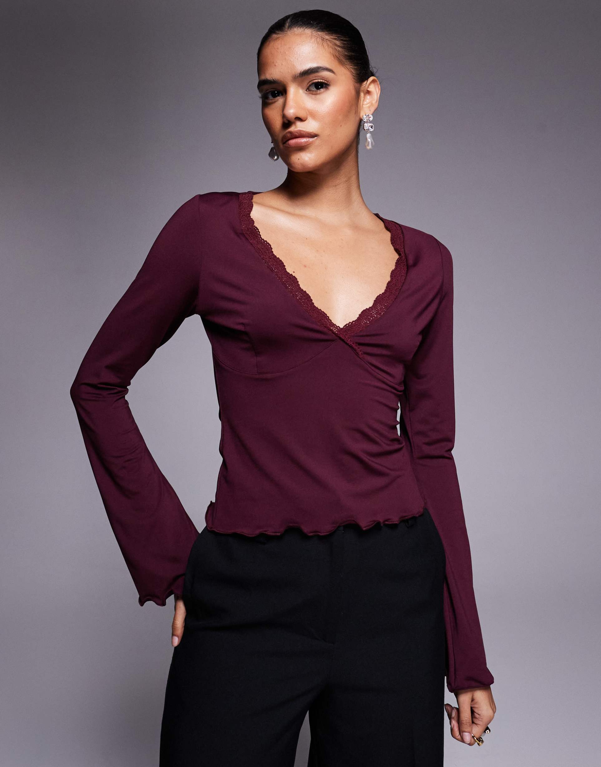 asos design slinky flared long sleeve lace trim v-neck top in berry
