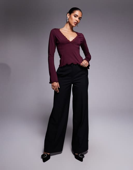 ASOS DESIGN slinky flared long sleeve lace trim v-neck top in berry, 3 of 4