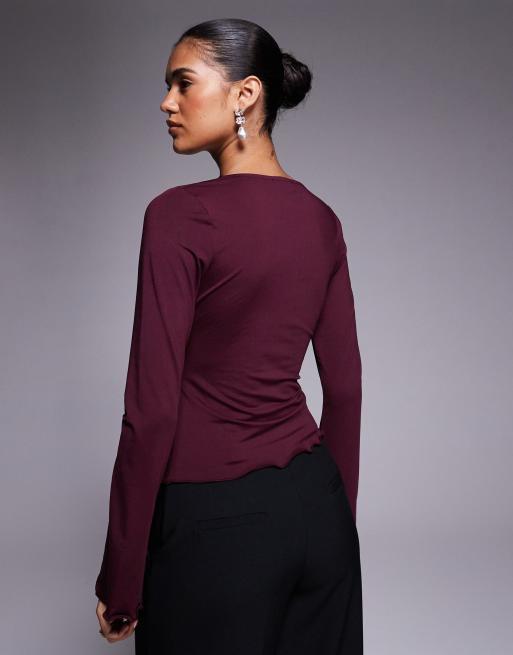 ASOS DESIGN slinky flared long sleeve lace trim v-neck top in berry, 4 of 4