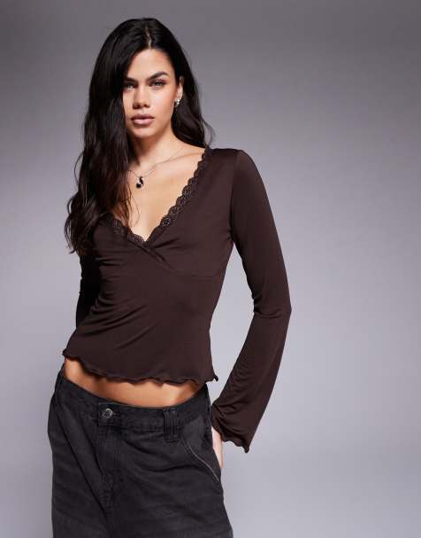 ASOS DESIGN slinky flared long sleeve lace trim v-neck top in brown - view 1
