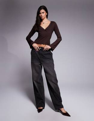 Asos Design Slinky Flared Long Sleeve Lace Trim V-neck Top In Brown