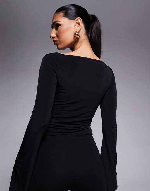 ASOS DESIGN slinky flared sleeve boat neck top in black, 4 of 4