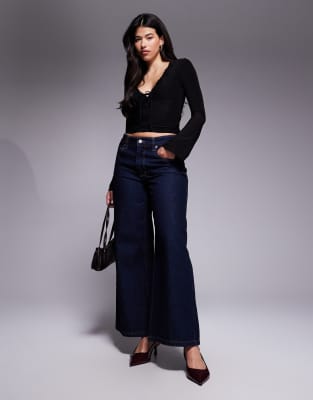 Asos Design Slinky Flared Sleeve Lace Trim Tie Detail Top In Black