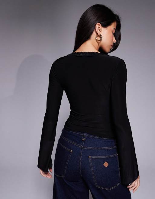 ASOS DESIGN slinky flared sleeve lace trim tie detail top in black, 4 of 4