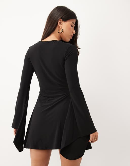 ASOS DESIGN slinky flute sleeve flippy mini dress with deep plunge in black, 4 of 4
