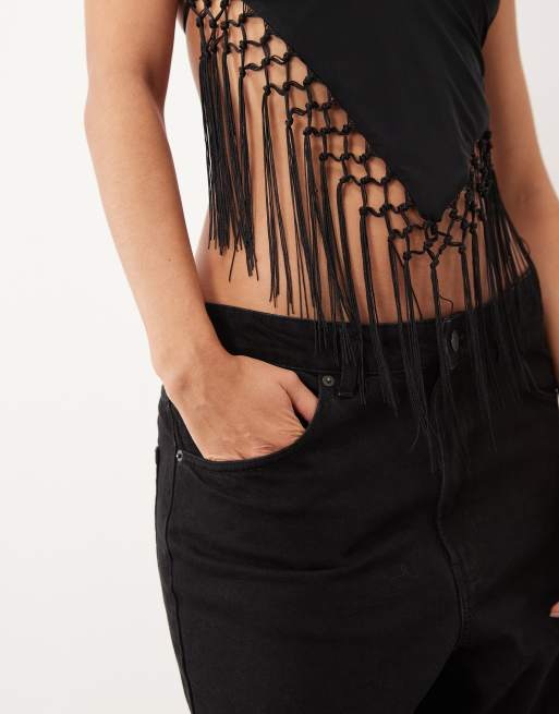ASOS DESIGN slinky fringed hanky hem halter top in black, 3 of 4
