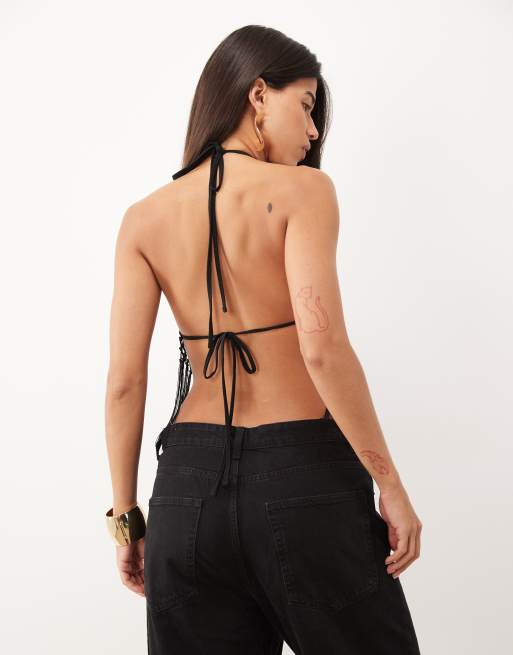 ASOS DESIGN slinky fringed hanky hem halter top in black, 4 of 4