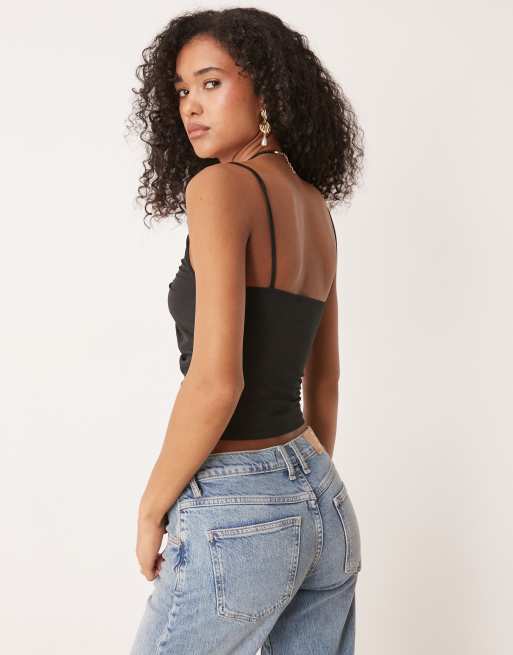 ASOS DESIGN slinky gathered cami top with cut out bead detail in black