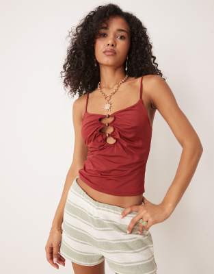 ASOS DESIGN slinky gathered cami top with cut out bead detail in burgundy - view 1