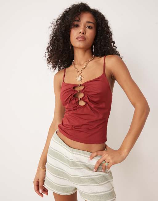 ASOS DESIGN slinky gathered cami top with cut out hardware detail in burgundy