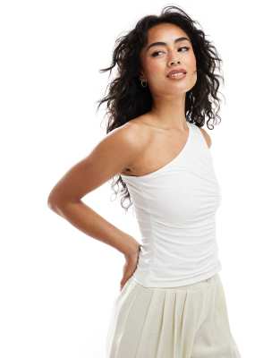 ASOS DESIGN slinky gathered channel one shoulder top in ivory-White