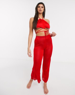 ASOS DESIGN slinky glam cut out beach jumpsuit in red