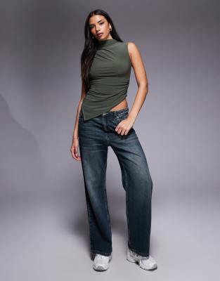 Asos Design Slinky Grown On High Neck Gathered Asymmetric Hem Top In Green