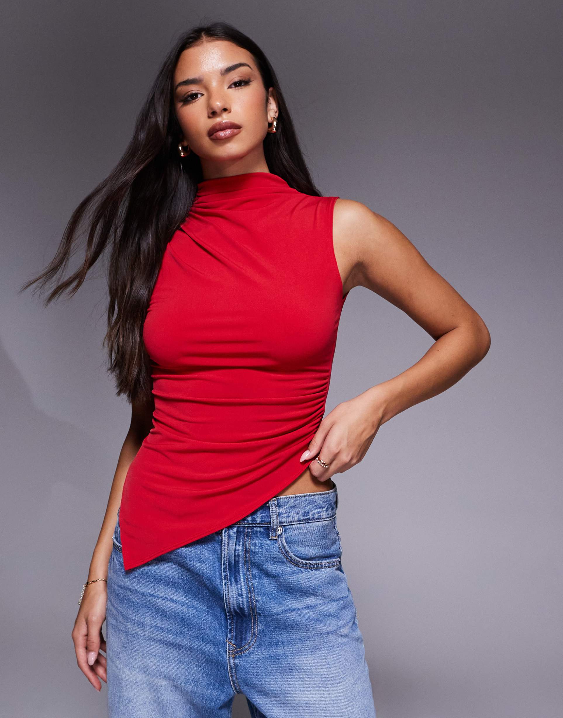 asos design slinky grown on high neck gathered asymmetric hem top in red