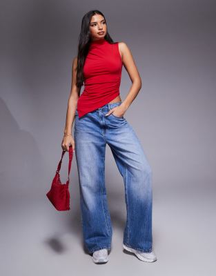 Asos Design Slinky Grown On High Neck Gathered Asymmetric Hem Top In Red