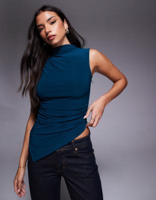 Asos Design Slinky Grown On High Neck Gathered Asymmetric Hem Top In Blue
