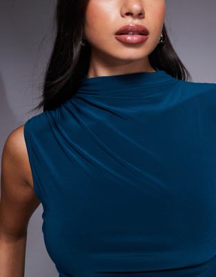 Asos Design Slinky Grown On High Neck Gathered Asymmetric Hem Top In Blue