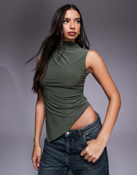 ASOS DESIGN slinky grown on high neck gathered asymmetrical hem top in khaki - view 1