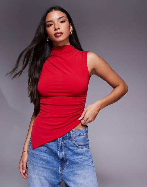 ASOS DESIGN slinky grown on high neck gathered asymmetrical hem top in red - view 1