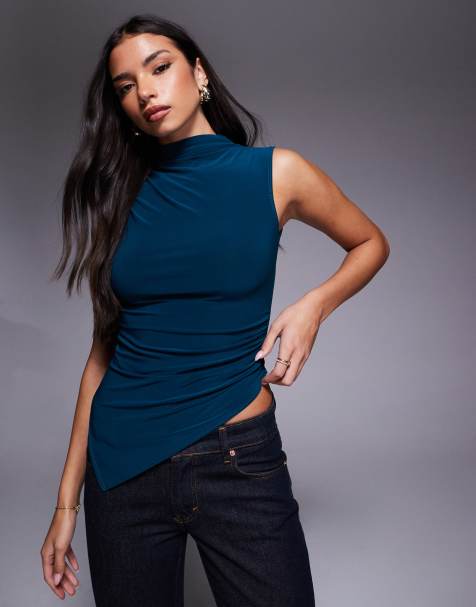 ASOS DESIGN slinky grown on high neck gathered asymmetrical hem top in teal blue - view 1