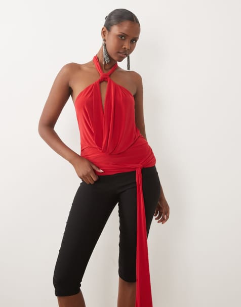 ASOS DESIGN slinky halter cowl neck draped sash top in red - view 1