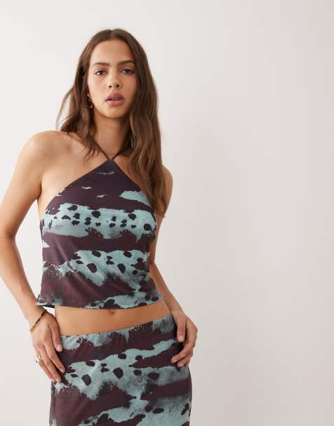 ASOS DESIGN slinky halter neck top in abstract print (part of a set) - view 1