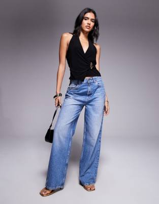 Asos Design Slinky Halter Neck Top With Gold-tone Trim In Black
