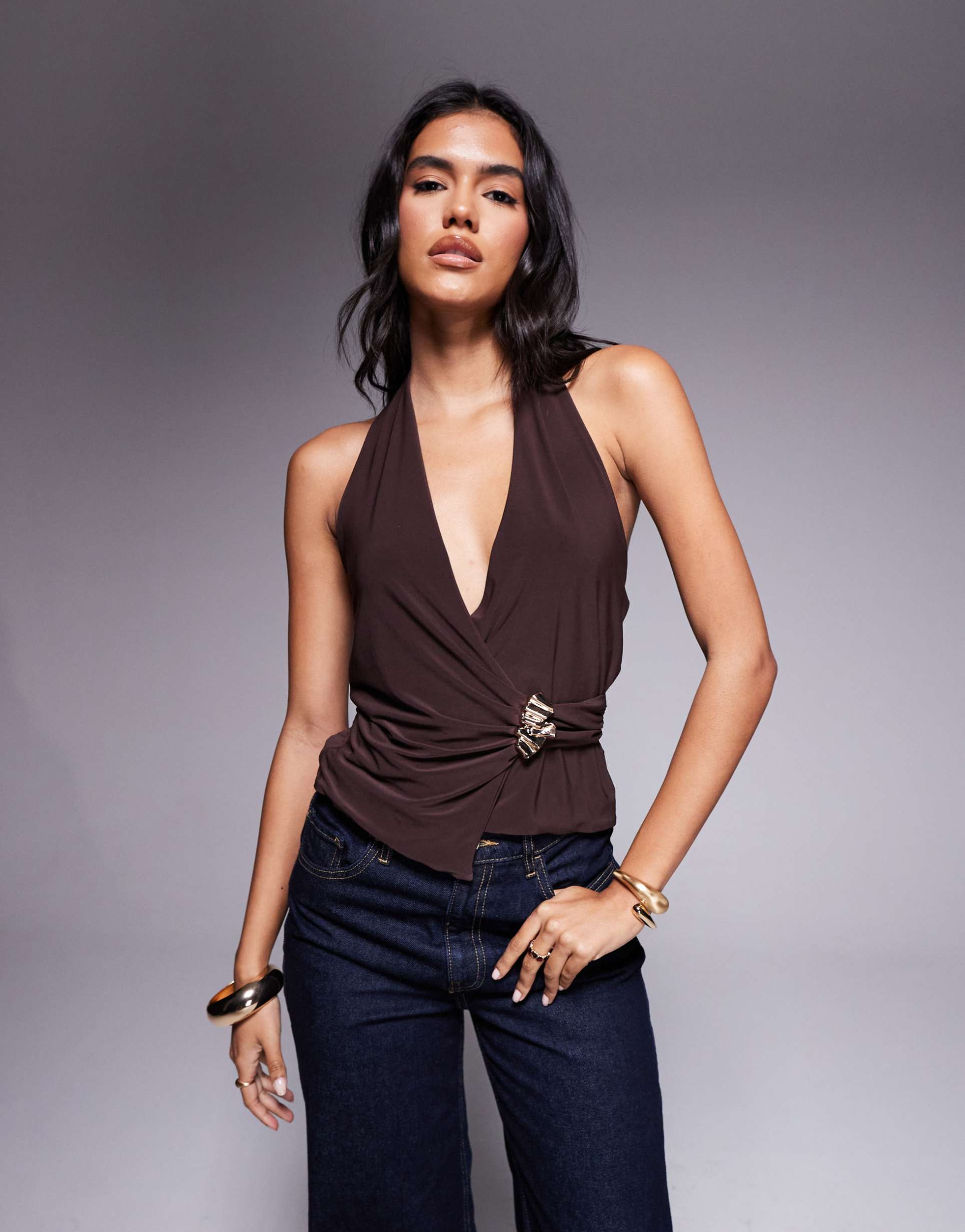 asos design slinky halter neck top with gold-tone trim in brown